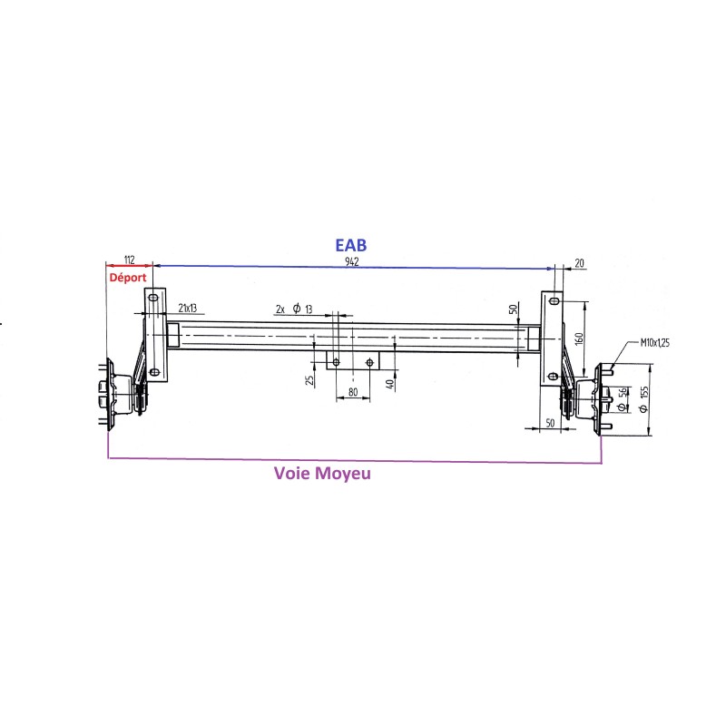 Essieu Non Freiné 450 Kg – Tube 50 mm – EAB 942 mm