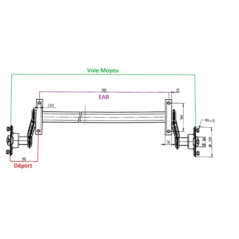 Essieu remorque non freiné PTC:750kg﻿