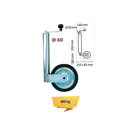 Roue Jockey diamètre 60 avec galet plein 250 x 85 mm - Remorques Discount 