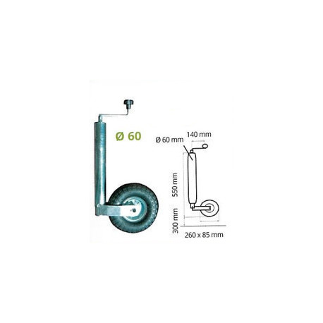 Roue Jockey Gonflable Ø60 mm – Galet 260x85 mm – Acier Galvanisé