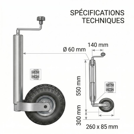 Roue Jockey Gonflable Ø60 mm – Galet 260x85 mm – Acier Galvanisé